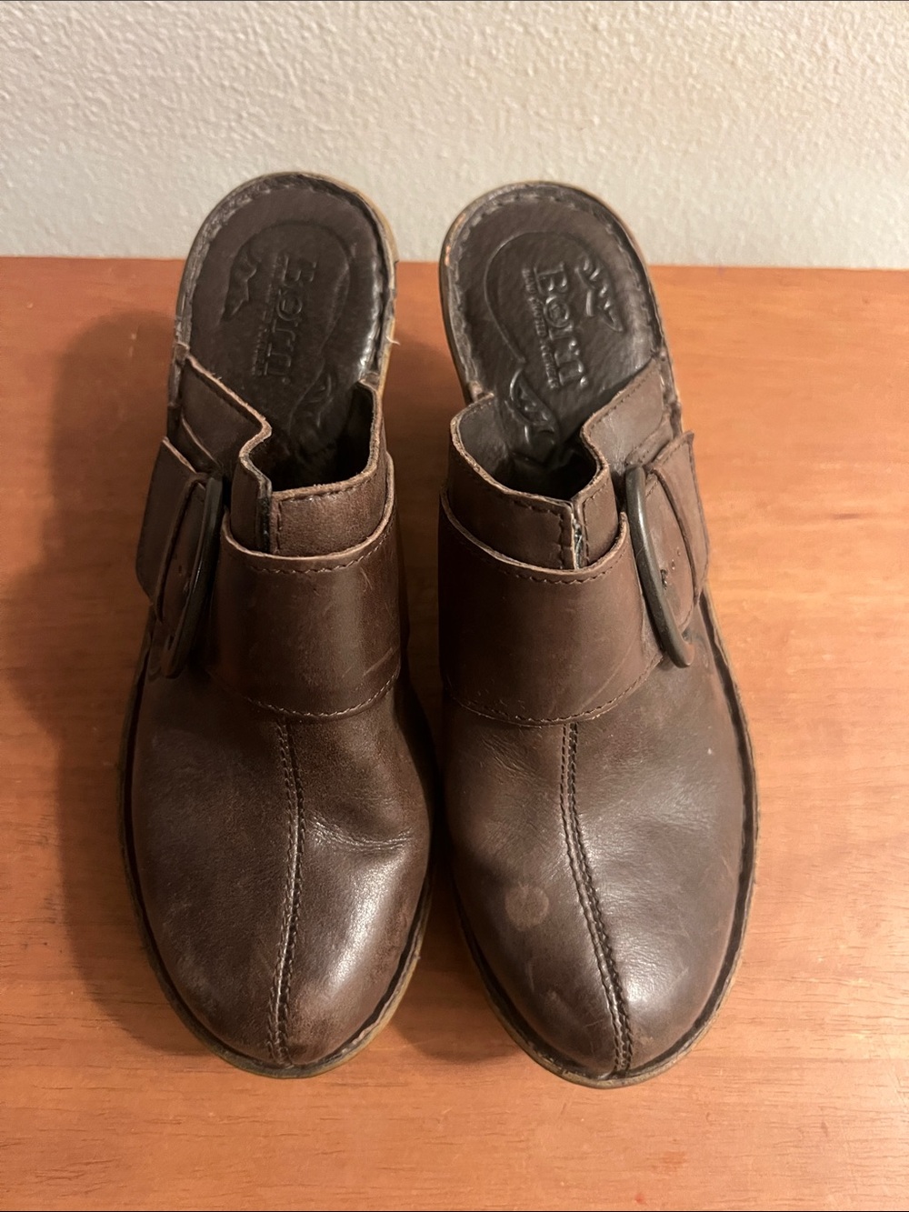 Born Brown Leather Slip-On Clogs with Side Buckle Detail